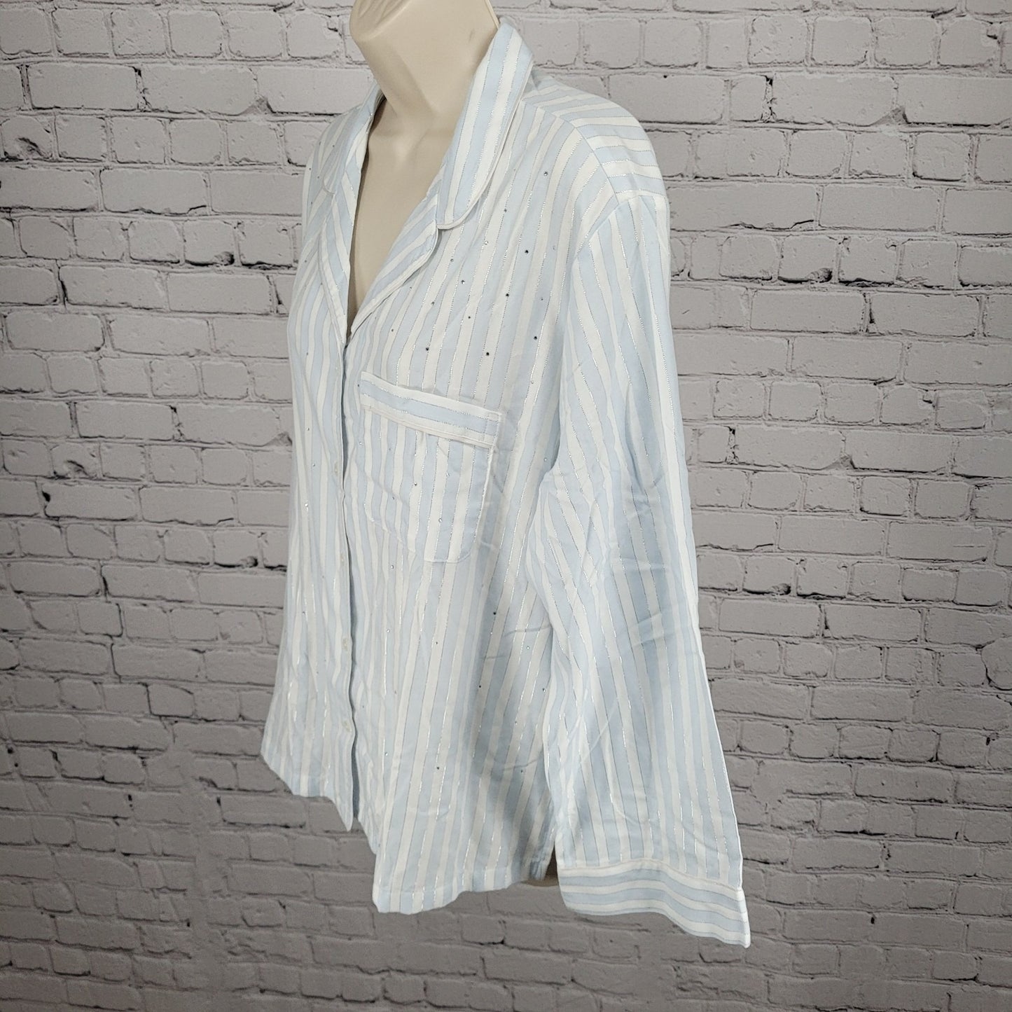 NWT Victoria's Secret White Blue Rhinestone Long Sleeve Pajama Top Large L