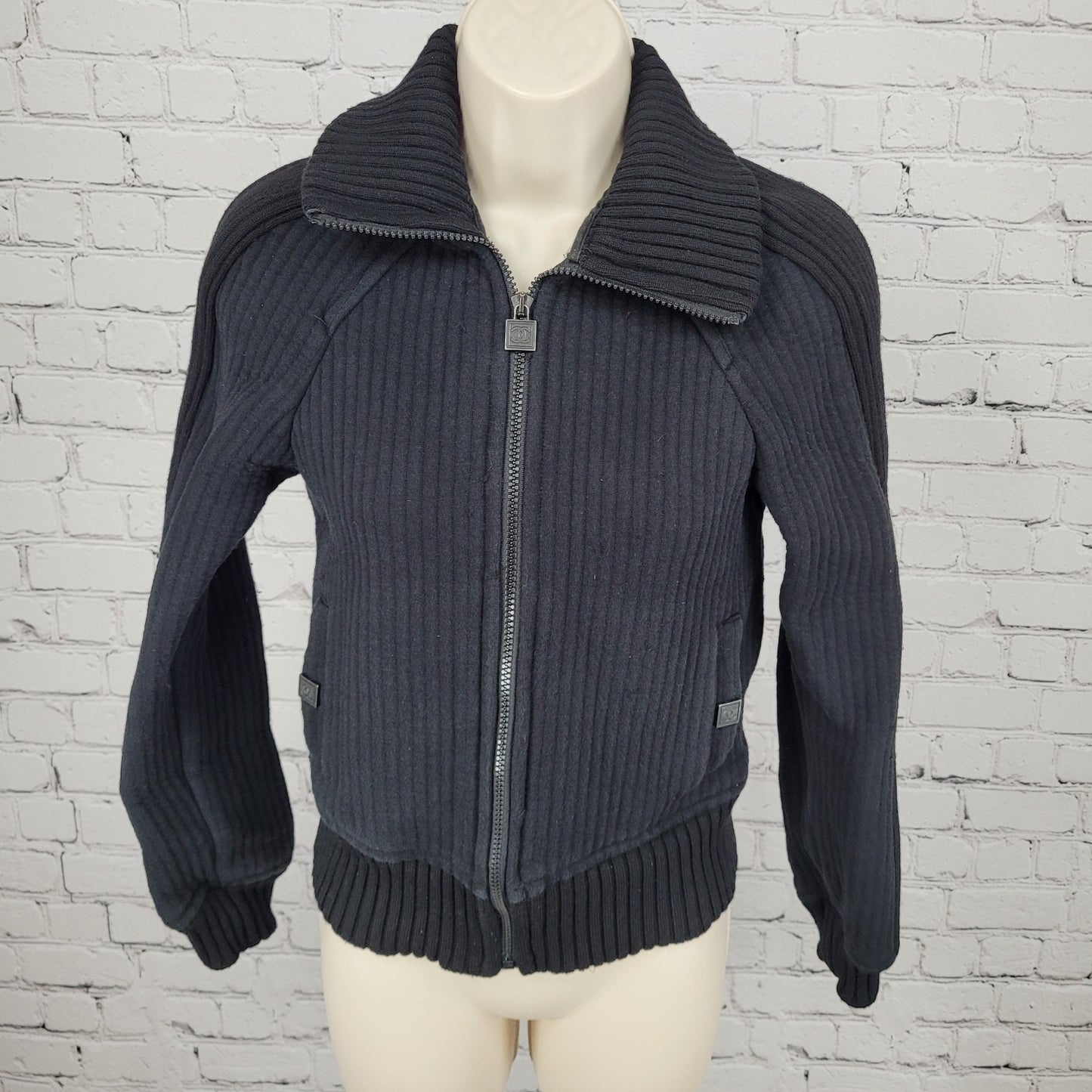 CHANEL Black Wool Blend Knit Full Zip Jacket France Made Size 36 US XS