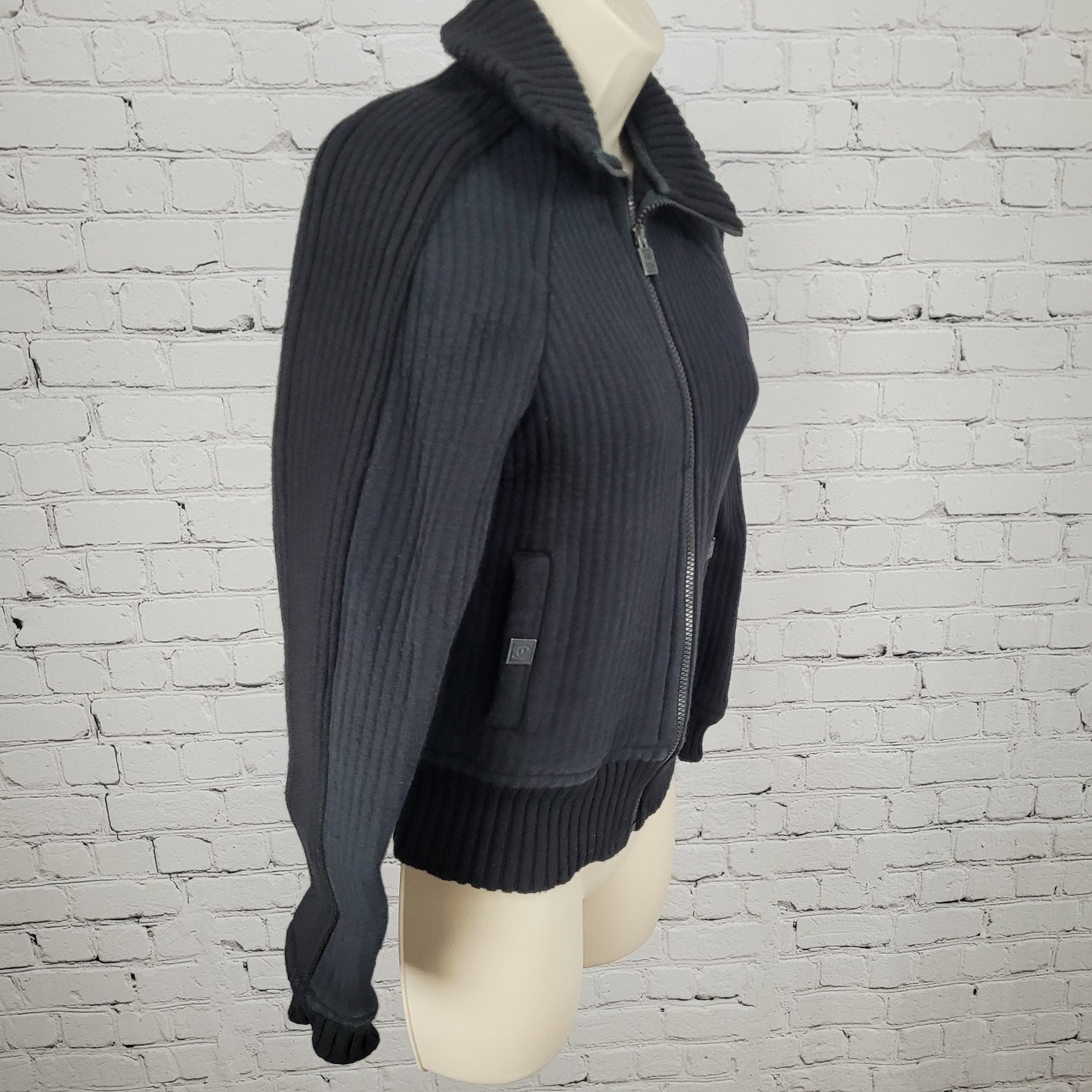 CHANEL Black Wool Blend Knit Full Zip Jacket France Made Size 36 US XS