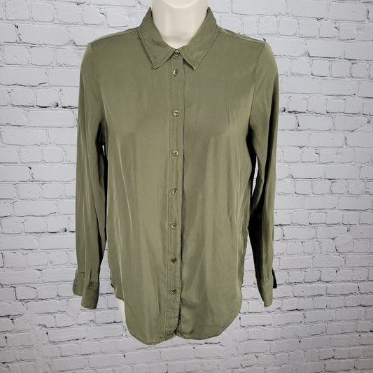Quince Green Silk Stretch Button Up Long Sleeve Top Shirt Size Small S