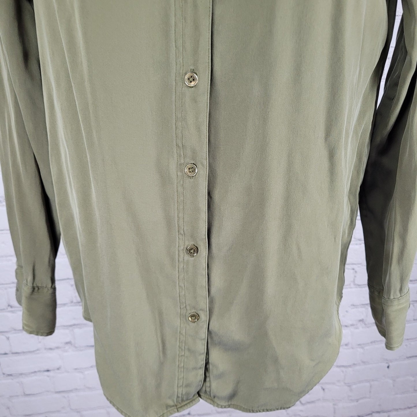 Quince Green Silk Stretch Button Up Long Sleeve Top Shirt Size Small S