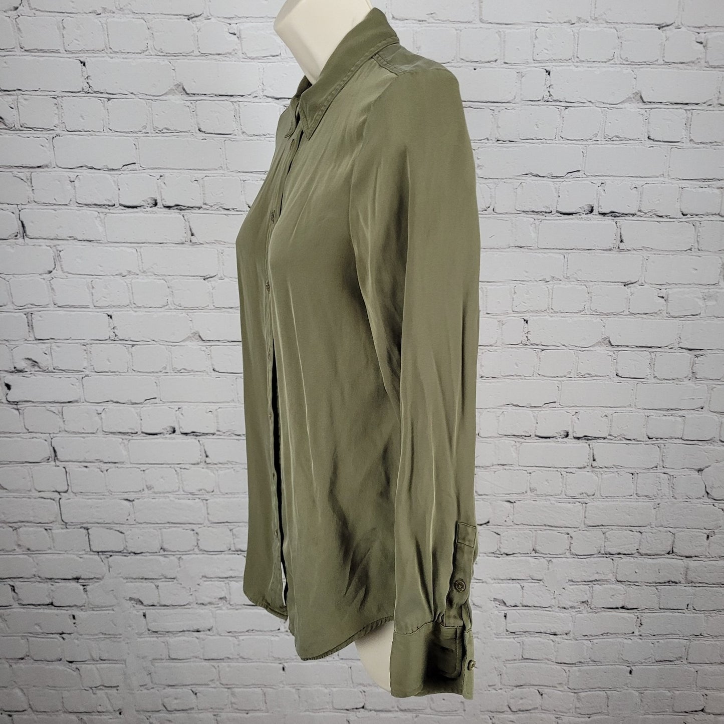 Quince Green Silk Stretch Button Up Long Sleeve Top Shirt Size Small S