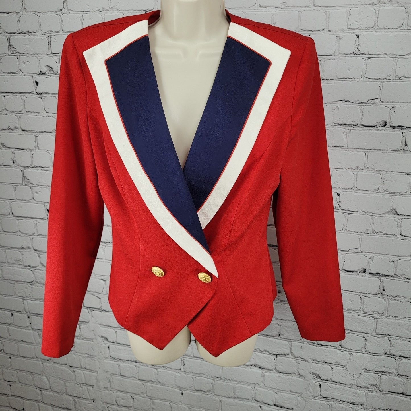 VTG Melissa Red Gold Button Double Breasted Shoulder Padded Jacket Blazer USA 10