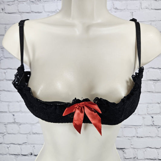 Exposed By Magic Silk Red Bow Black Lace Padded Balconette Bra Size L/XL
