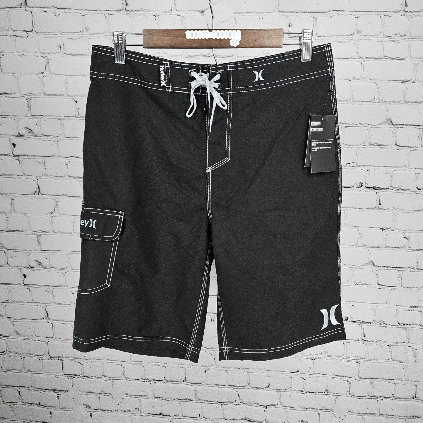 NWT Hurley Black 22" Length Cargo Pocket Drawstring Board Shorts Swim Trunks 30
