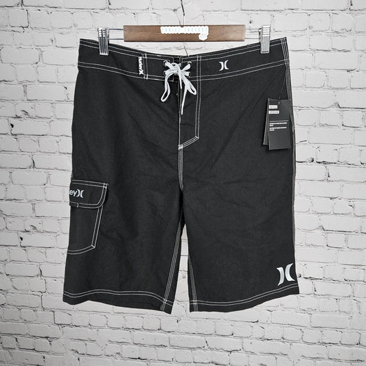NWT Hurley Black 22" Length Cargo Pocket Drawstring Board Shorts Swim Trunks 30