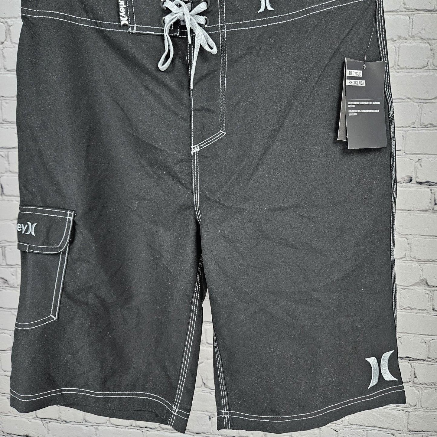 NWT Hurley Black 22" Length Cargo Pocket Drawstring Board Shorts Swim Trunks 30