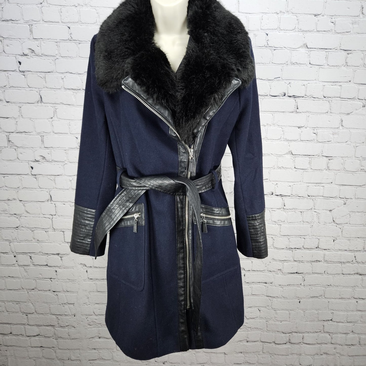 Via Spiga Blue Black Wool Blend Faux Leather Faux Fur Collar Belted Zip Coat 10