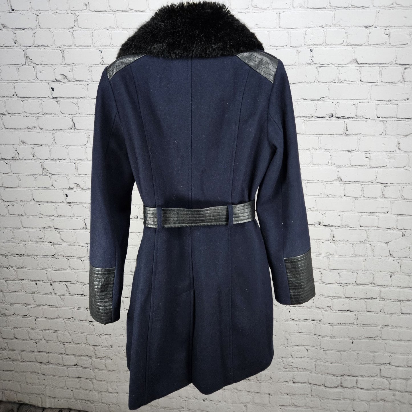 Via Spiga Blue Black Wool Blend Faux Leather Faux Fur Collar Belted Zip Coat 10