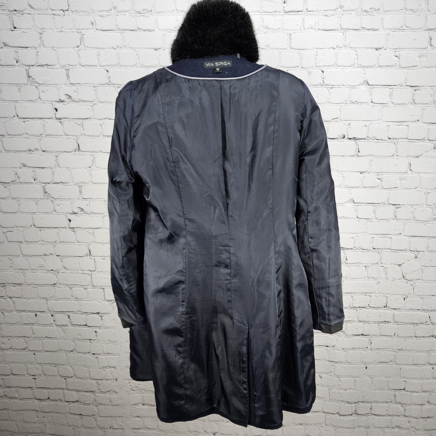 Via Spiga Blue Black Wool Blend Faux Leather Faux Fur Collar Belted Zip Coat 10