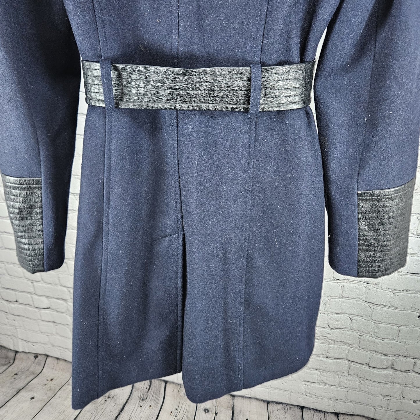 Via Spiga Blue Black Wool Blend Faux Leather Faux Fur Collar Belted Zip Coat 10