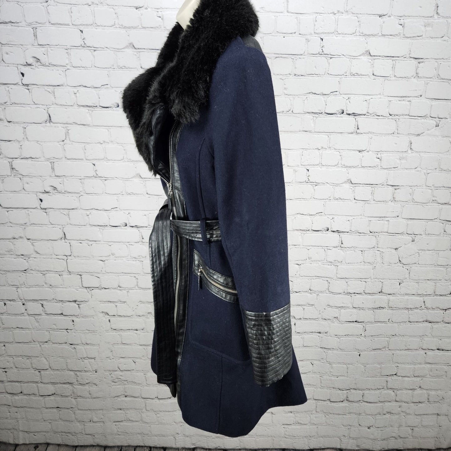 Via Spiga Blue Black Wool Blend Faux Leather Faux Fur Collar Belted Zip Coat 10