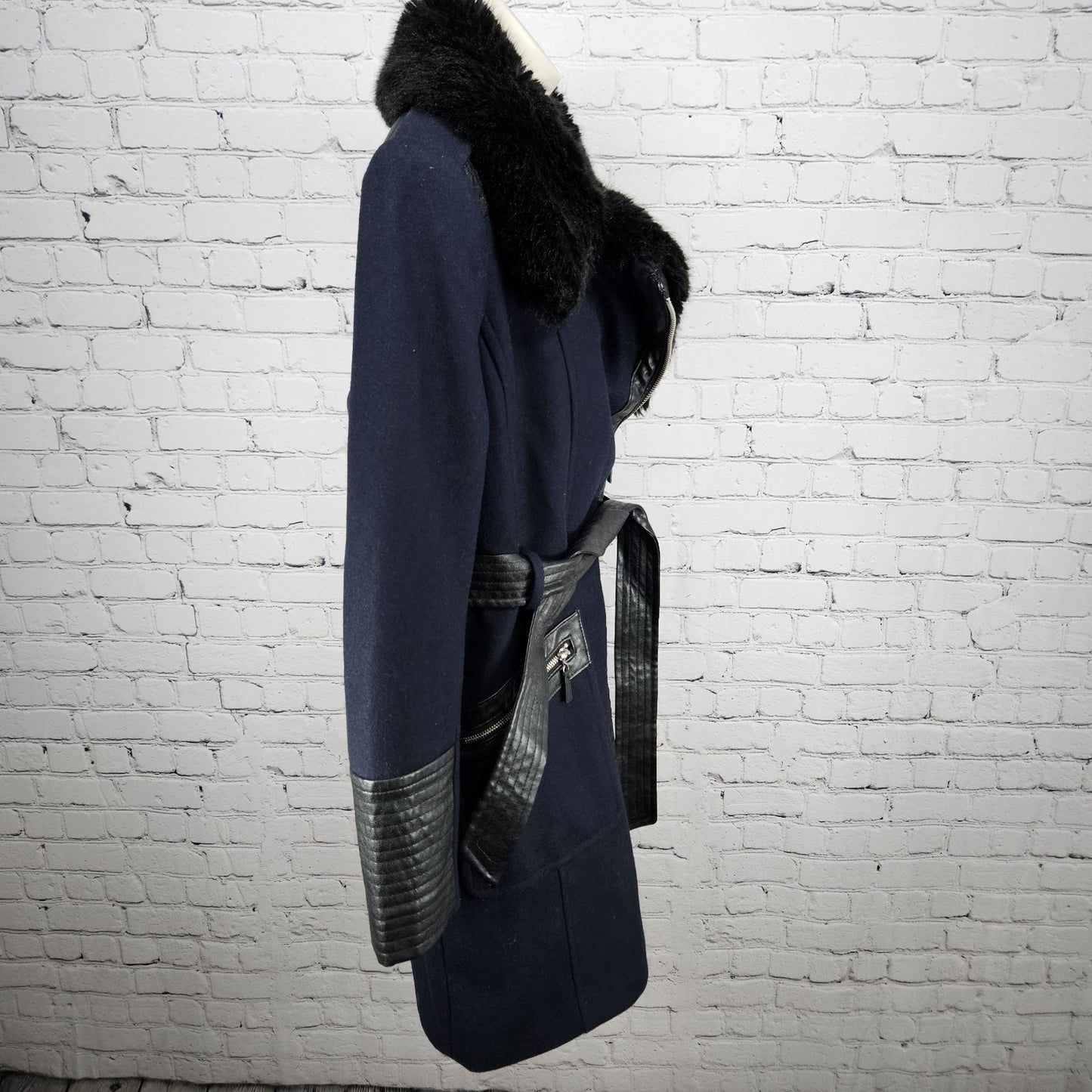 Via Spiga Blue Black Wool Blend Faux Leather Faux Fur Collar Belted Zip Coat 10