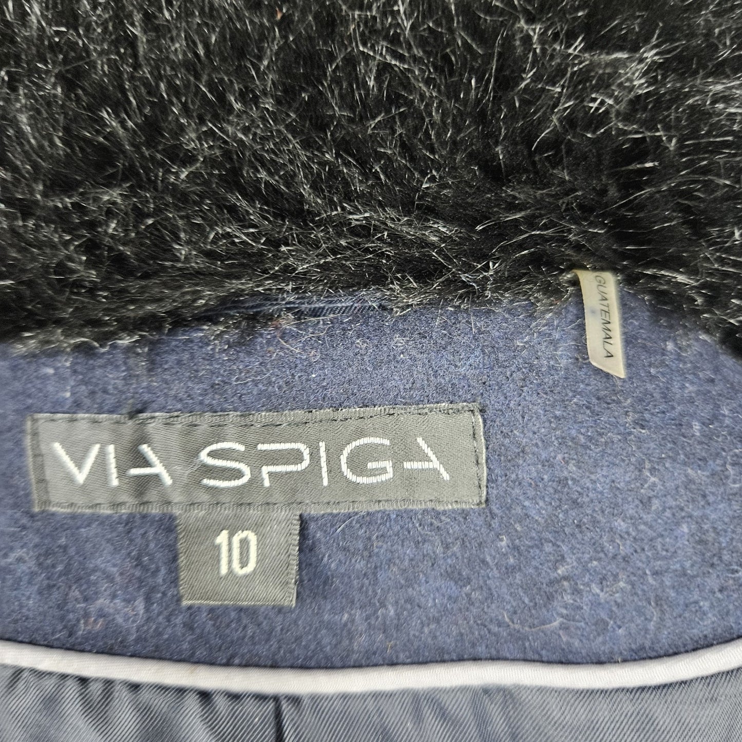 Via Spiga Blue Black Wool Blend Faux Leather Faux Fur Collar Belted Zip Coat 10