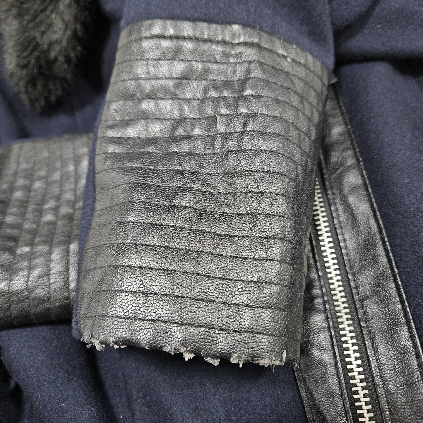 Via Spiga Blue Black Wool Blend Faux Leather Faux Fur Collar Belted Zip Coat 10
