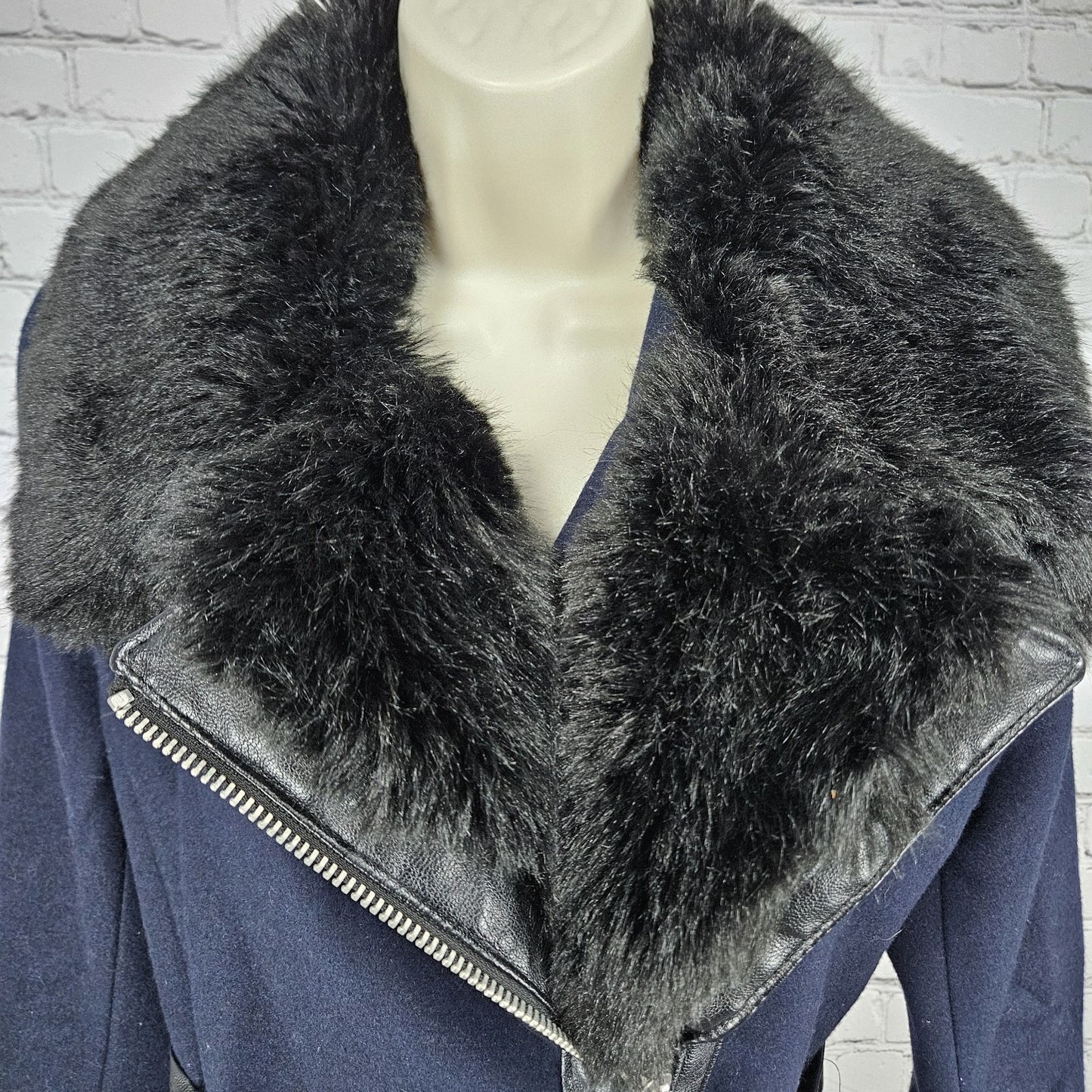 Via Spiga Blue Black Wool Blend Faux Leather Faux Fur Collar Belted Zip Coat 10