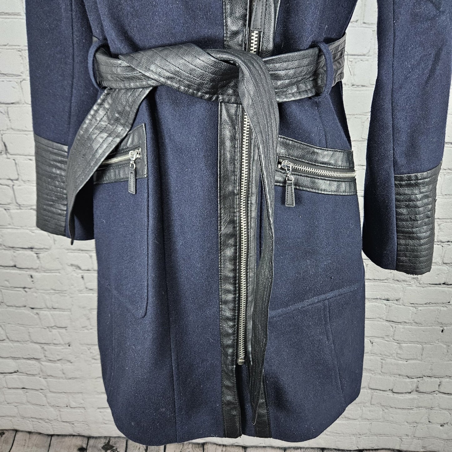 Via Spiga Blue Black Wool Blend Faux Leather Faux Fur Collar Belted Zip Coat 10