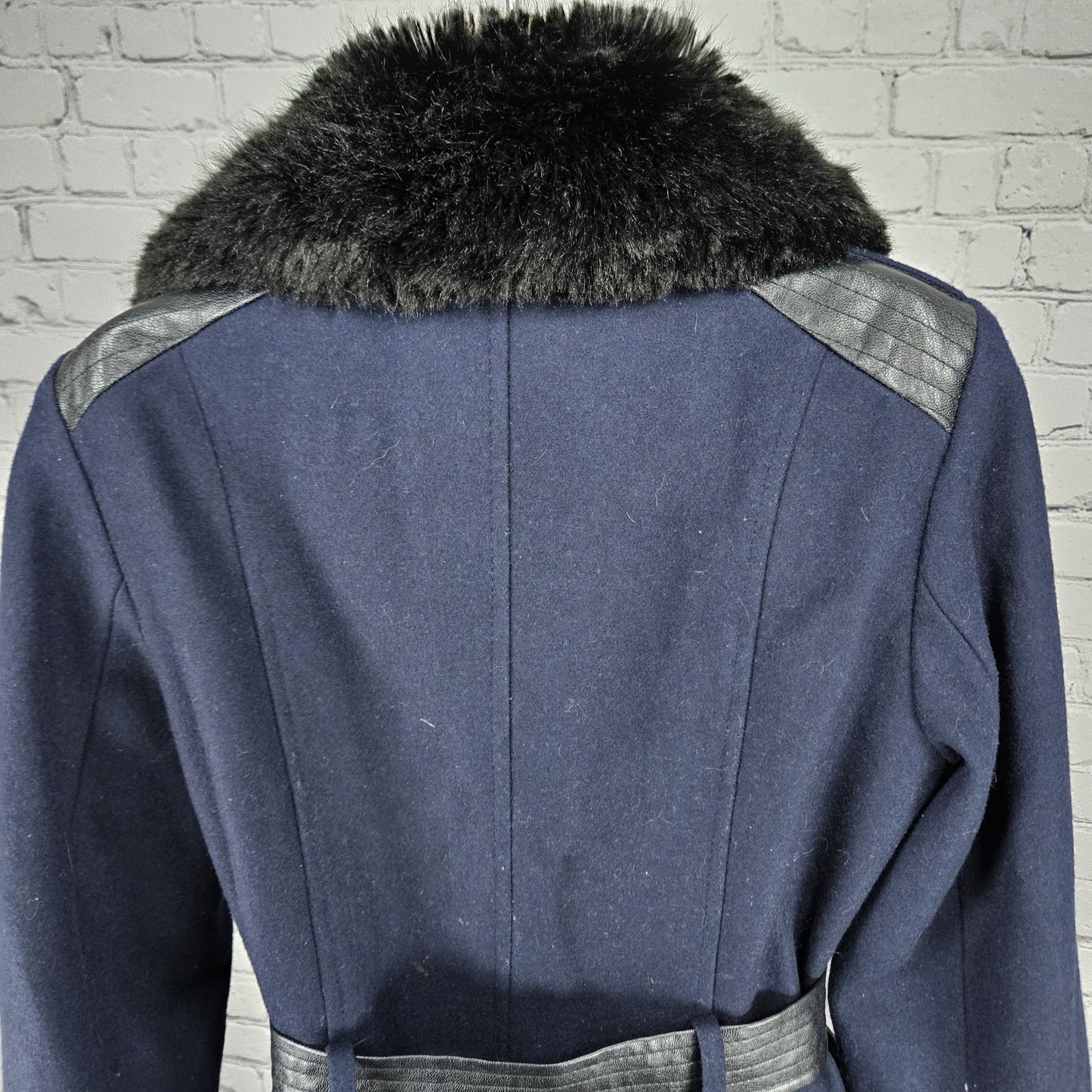 Via Spiga Blue Black Wool Blend Faux Leather Faux Fur Collar Belted Zip Coat 10