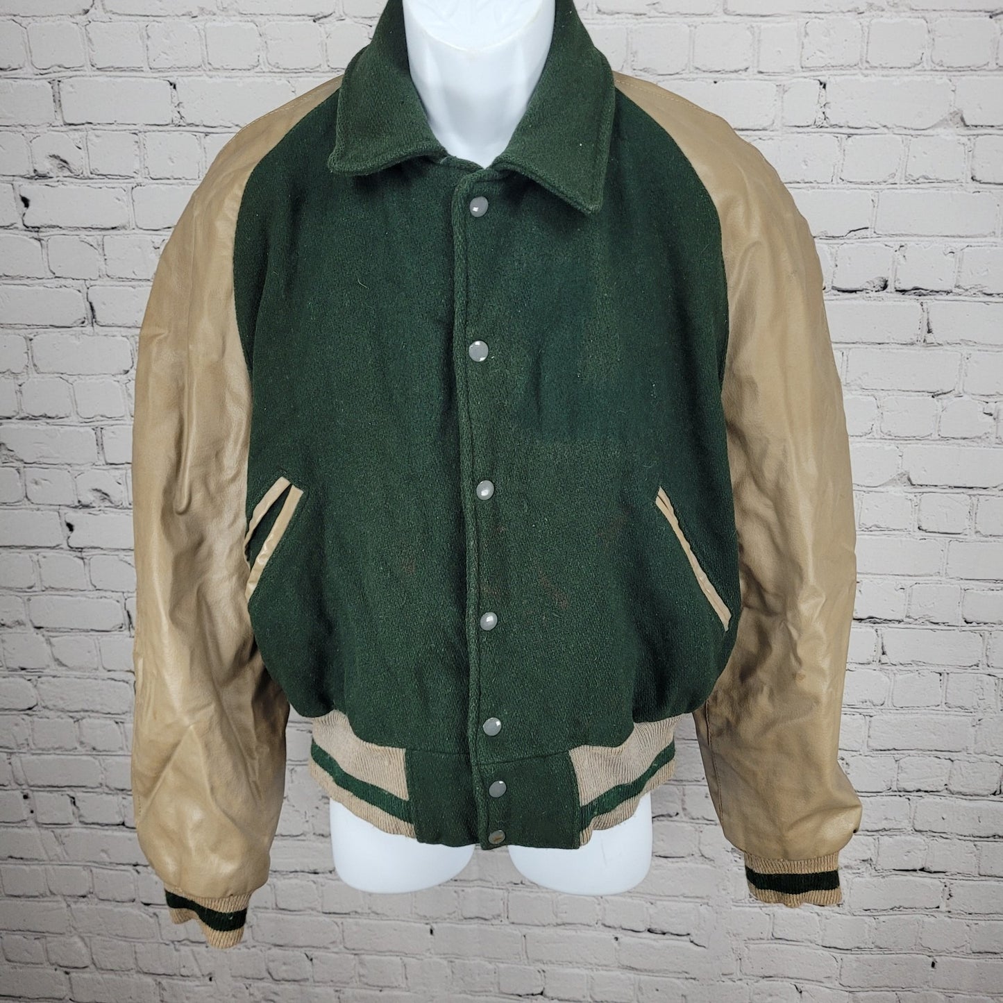 VTG Naugalite Green Tan Snap Pockets Collared Lined Varsity Bomber Jacket XL