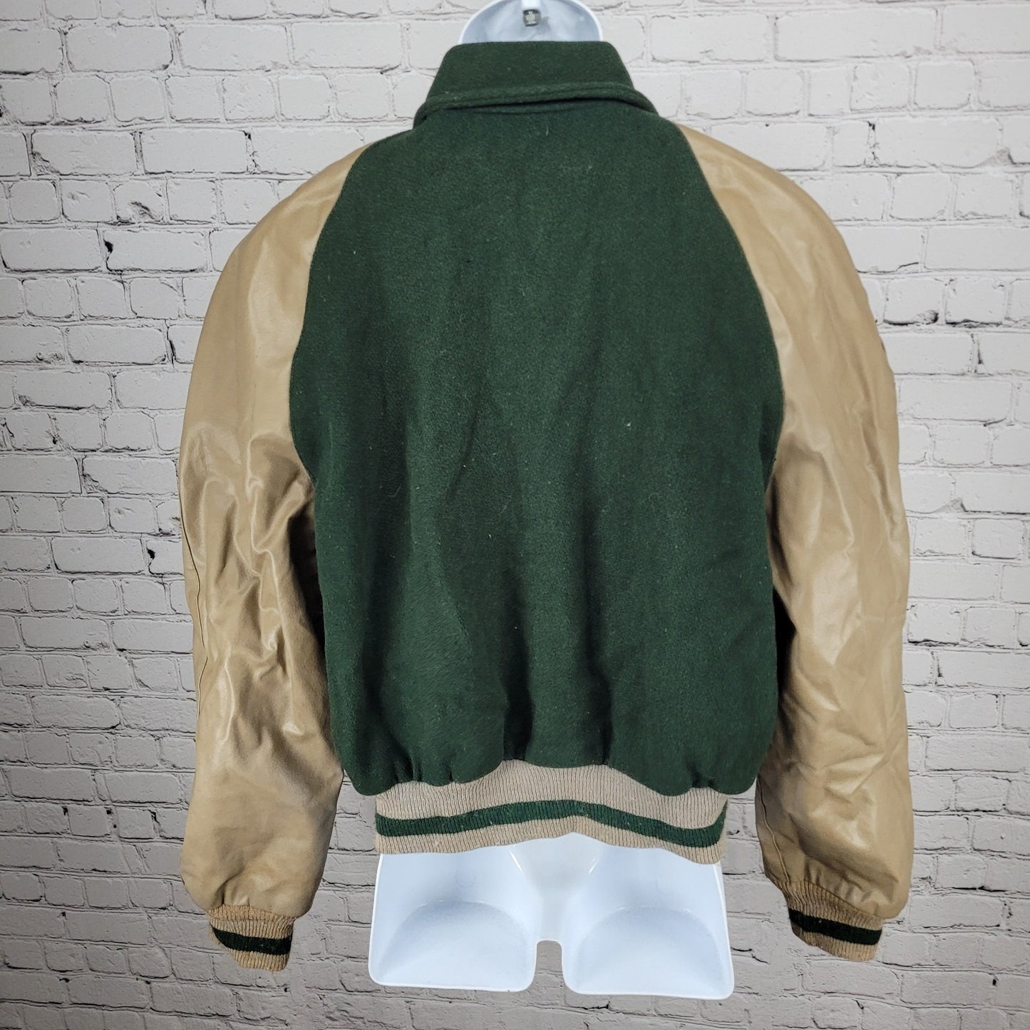 VTG Naugalite Green Tan Snap Pockets Collared Lined Varsity Bomber Jacket XL