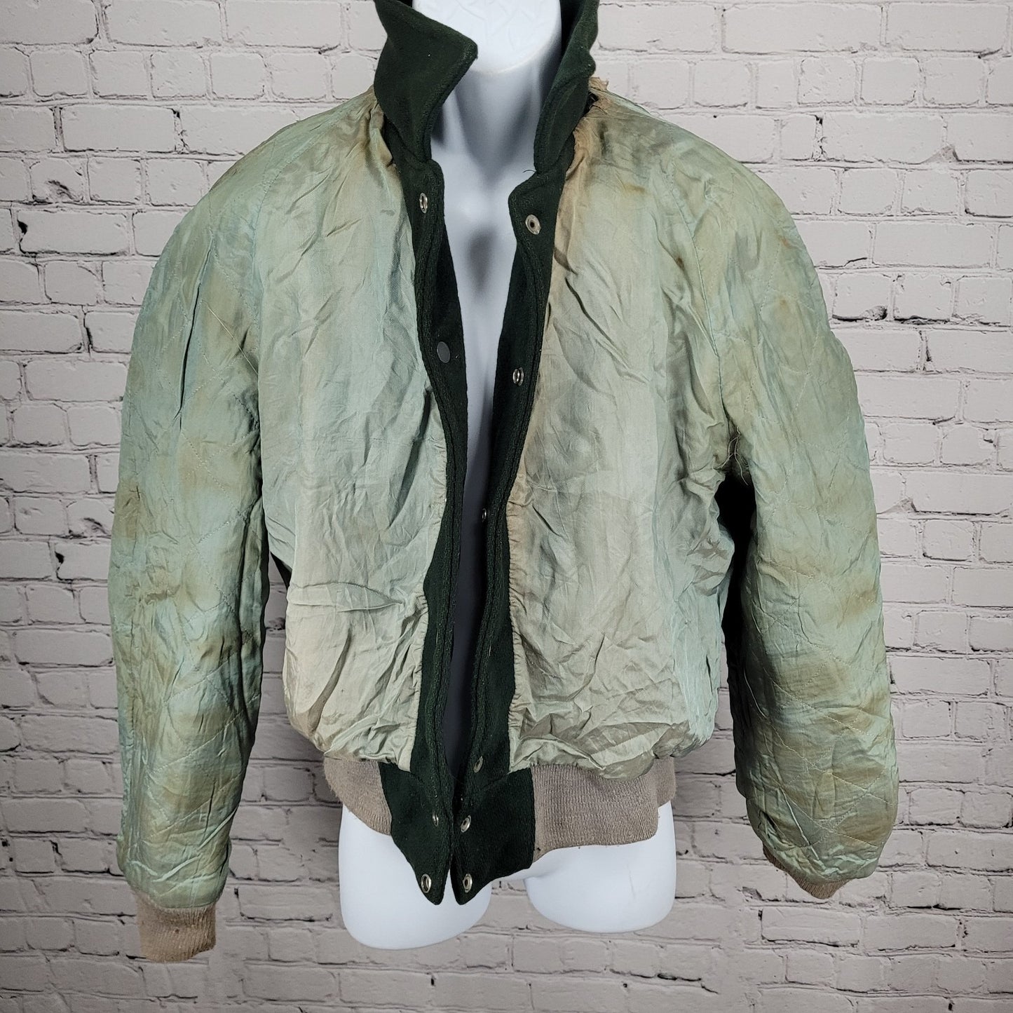 VTG Naugalite Green Tan Snap Pockets Collared Lined Varsity Bomber Jacket XL