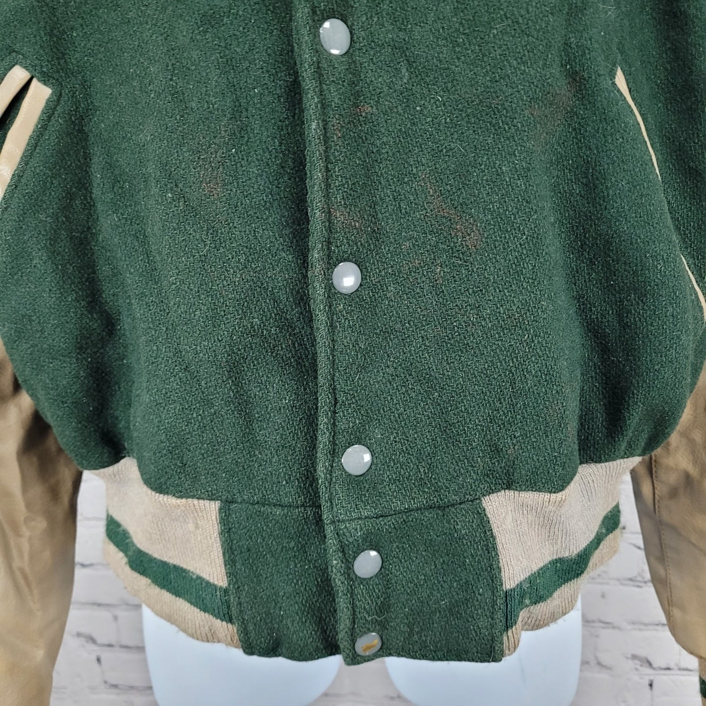 VTG Naugalite Green Tan Snap Pockets Collared Lined Varsity Bomber Jacket XL