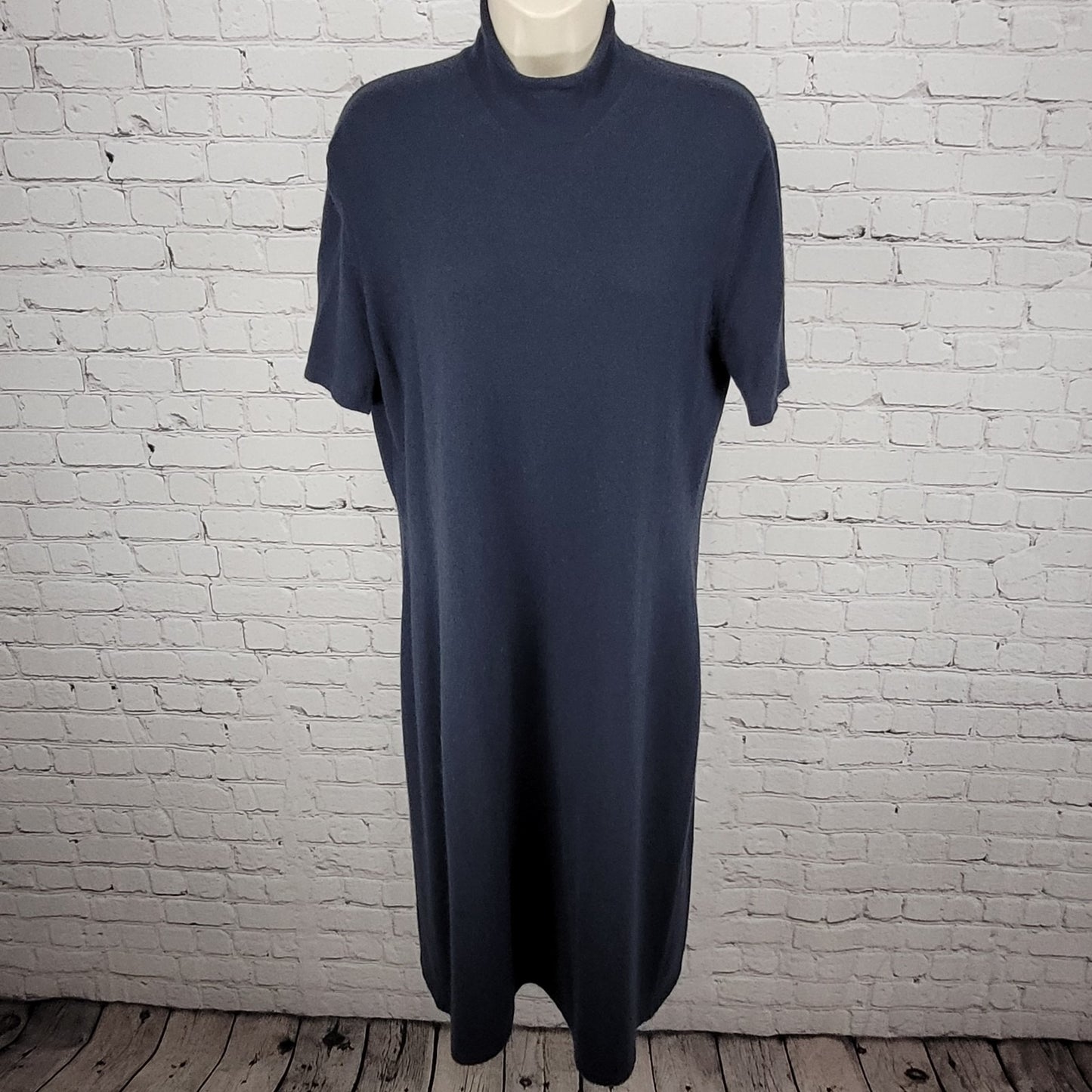 VTG Calvin Klein Blue 100% Cashmere Knit Short Sleeve Midi Dress Large L *holes