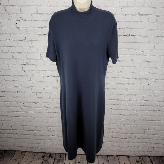 VTG Calvin Klein Blue 100% Cashmere Knit Short Sleeve Midi Dress Large L *holes