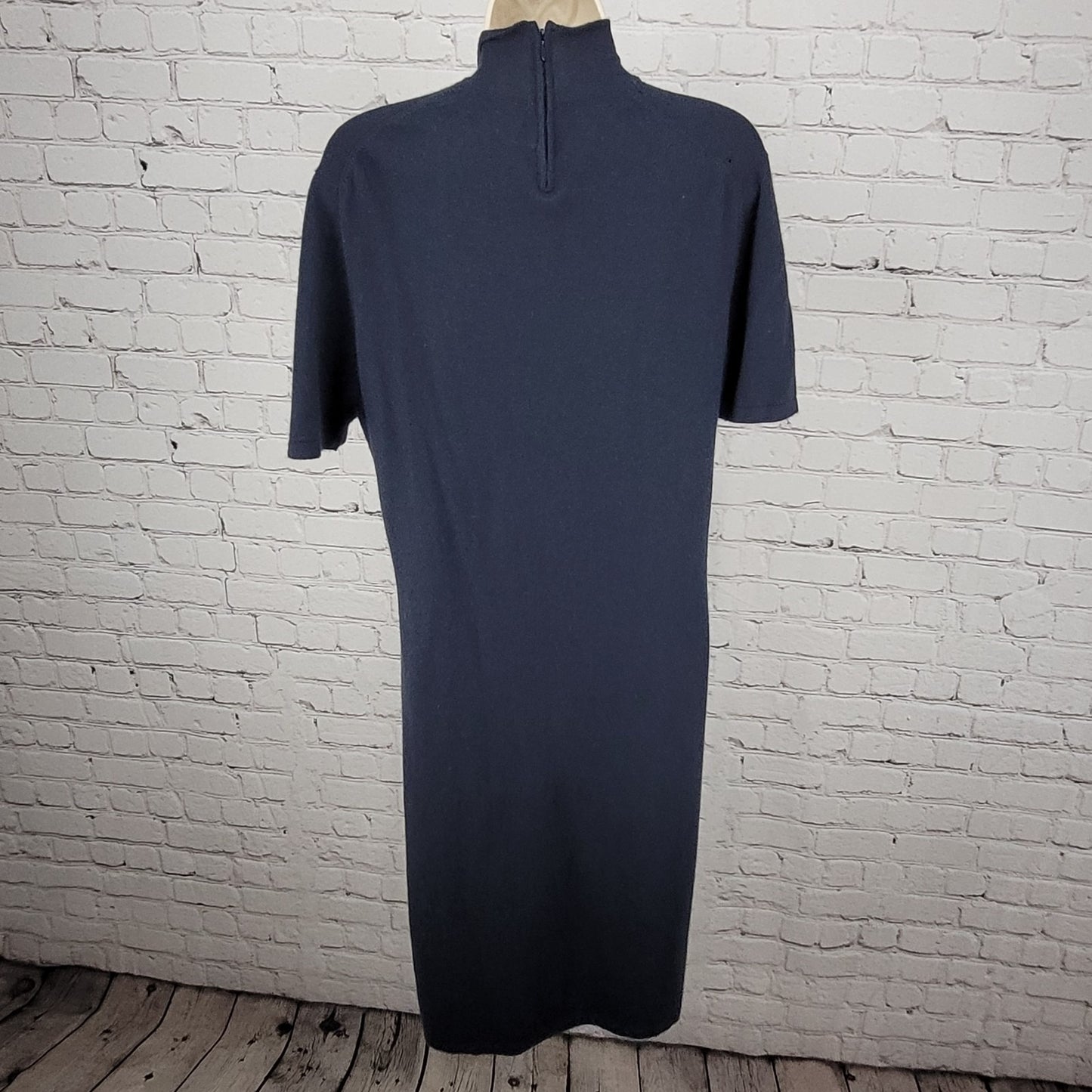 VTG Calvin Klein Blue 100% Cashmere Knit Short Sleeve Midi Dress Large L *holes
