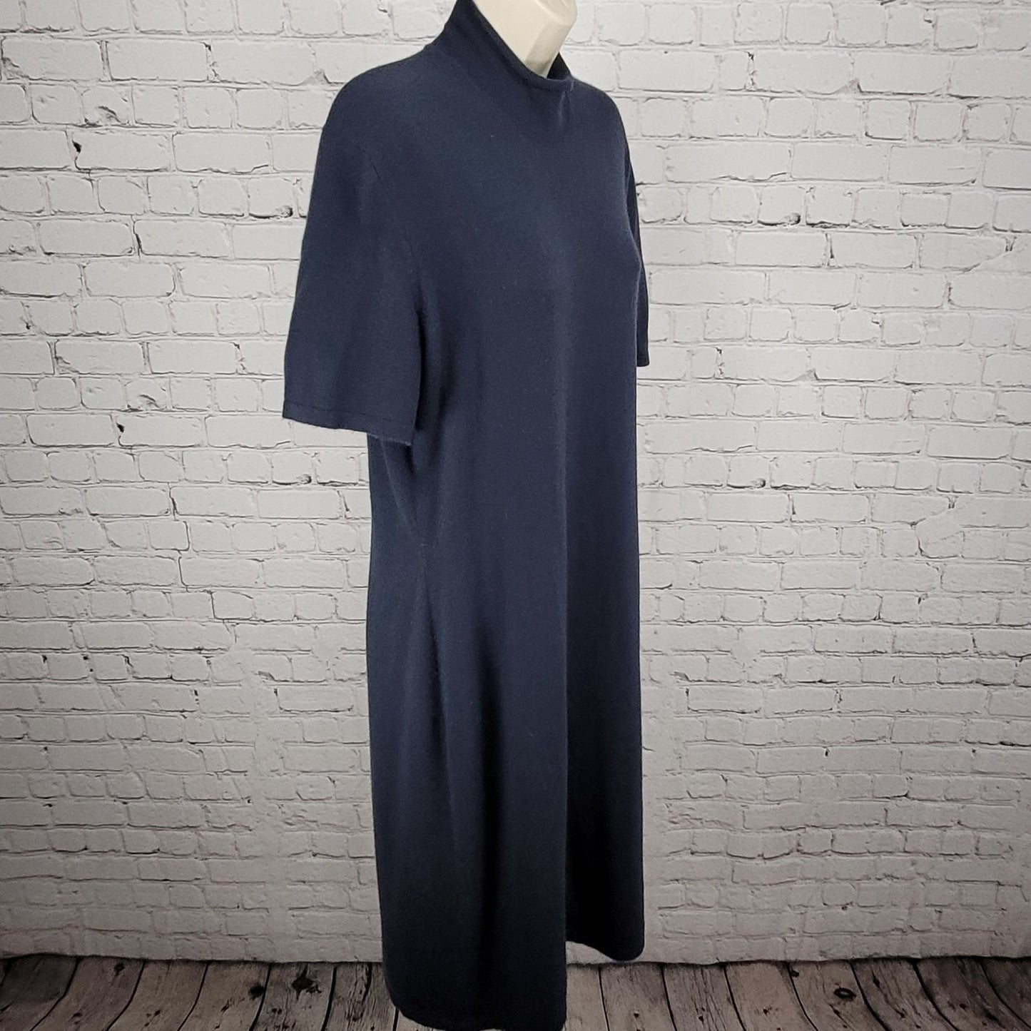 VTG Calvin Klein Blue 100% Cashmere Knit Short Sleeve Midi Dress Large L *holes