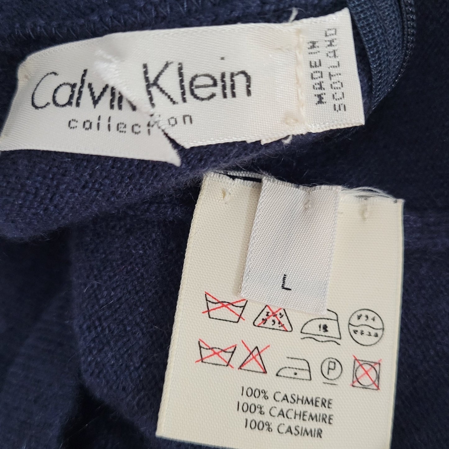 VTG Calvin Klein Blue 100% Cashmere Knit Short Sleeve Midi Dress Large L *holes