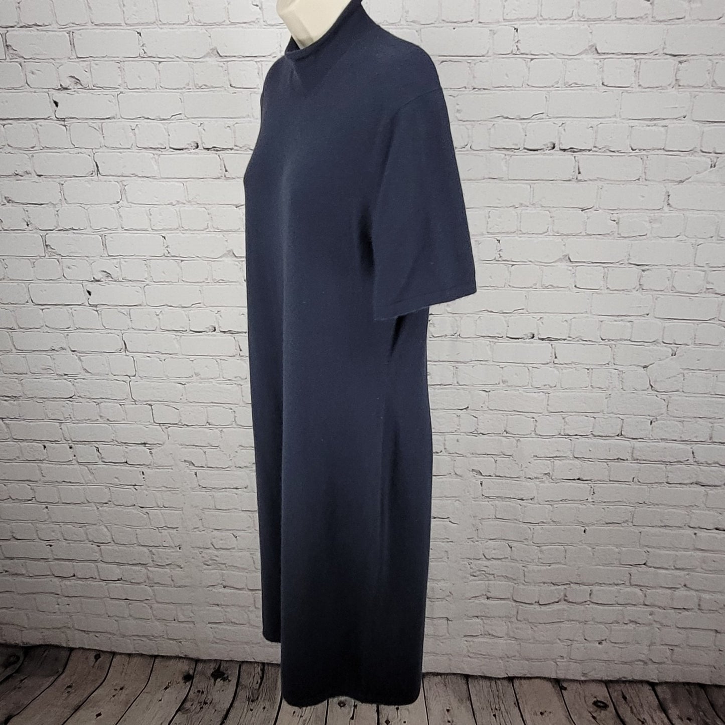 VTG Calvin Klein Blue 100% Cashmere Knit Short Sleeve Midi Dress Large L *holes