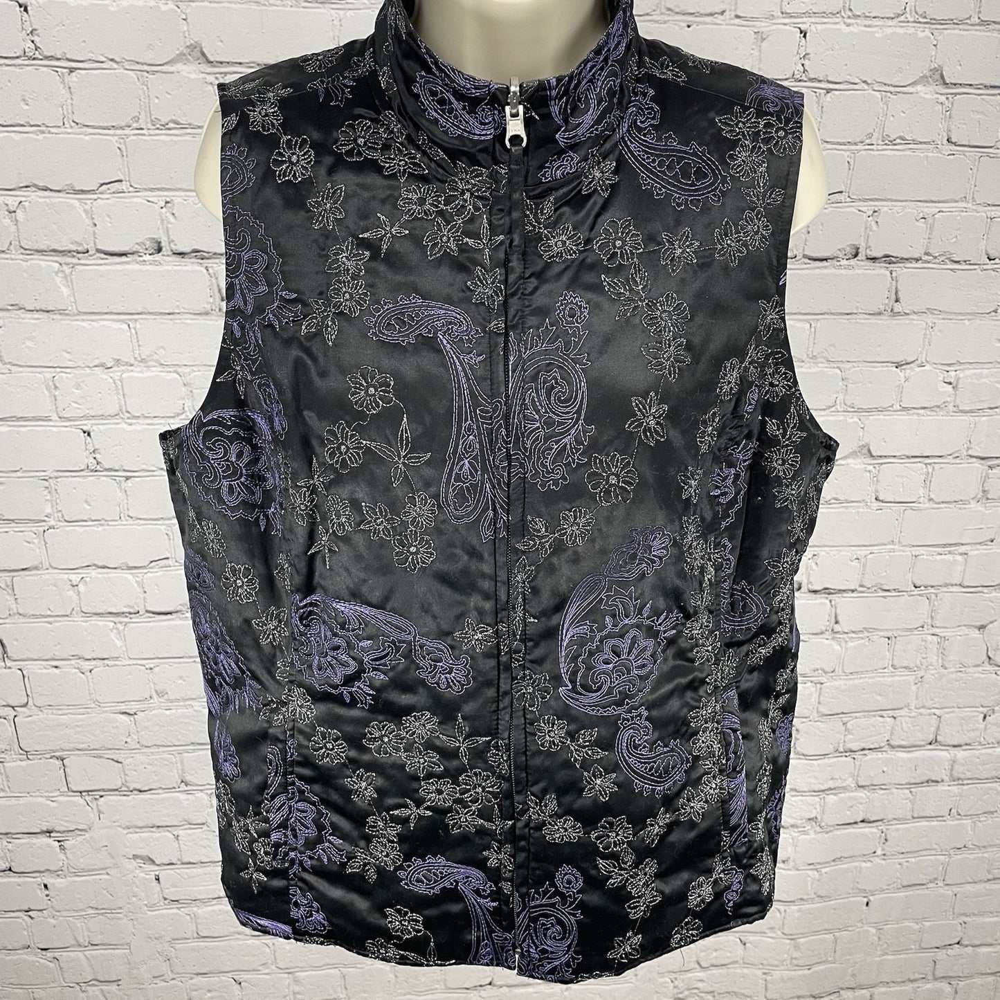 Chico’s Black & Purple Silk Blend Metallic Embroidered Zipped Vest Size 2 US 12