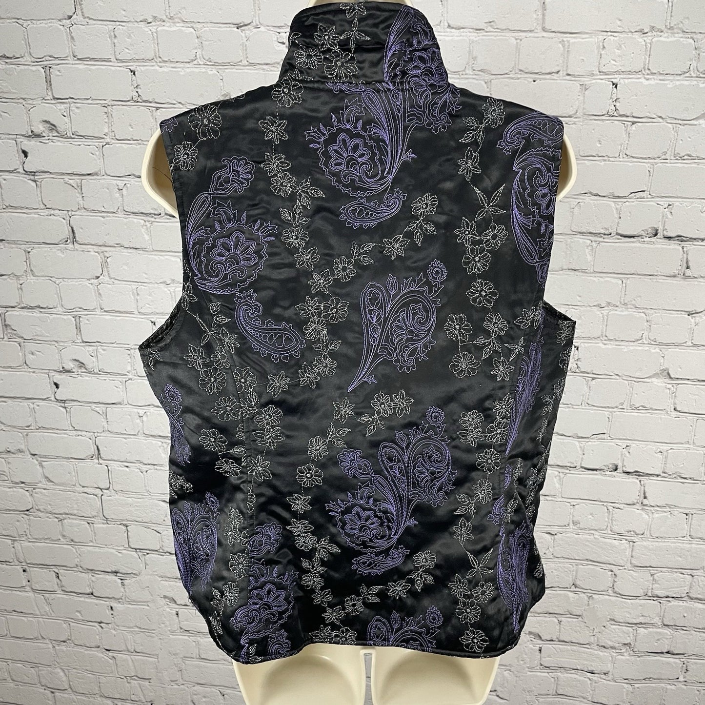 Chico’s Black & Purple Silk Blend Metallic Embroidered Zipped Vest Size 2 US 12