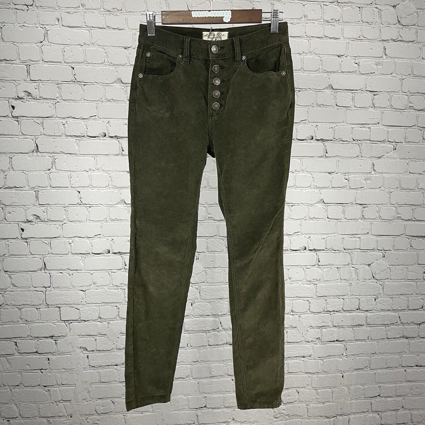 We The Free Green Velvety Corduroy Skinny Hi-Rise Pants Stretch Size 25 (26x27)