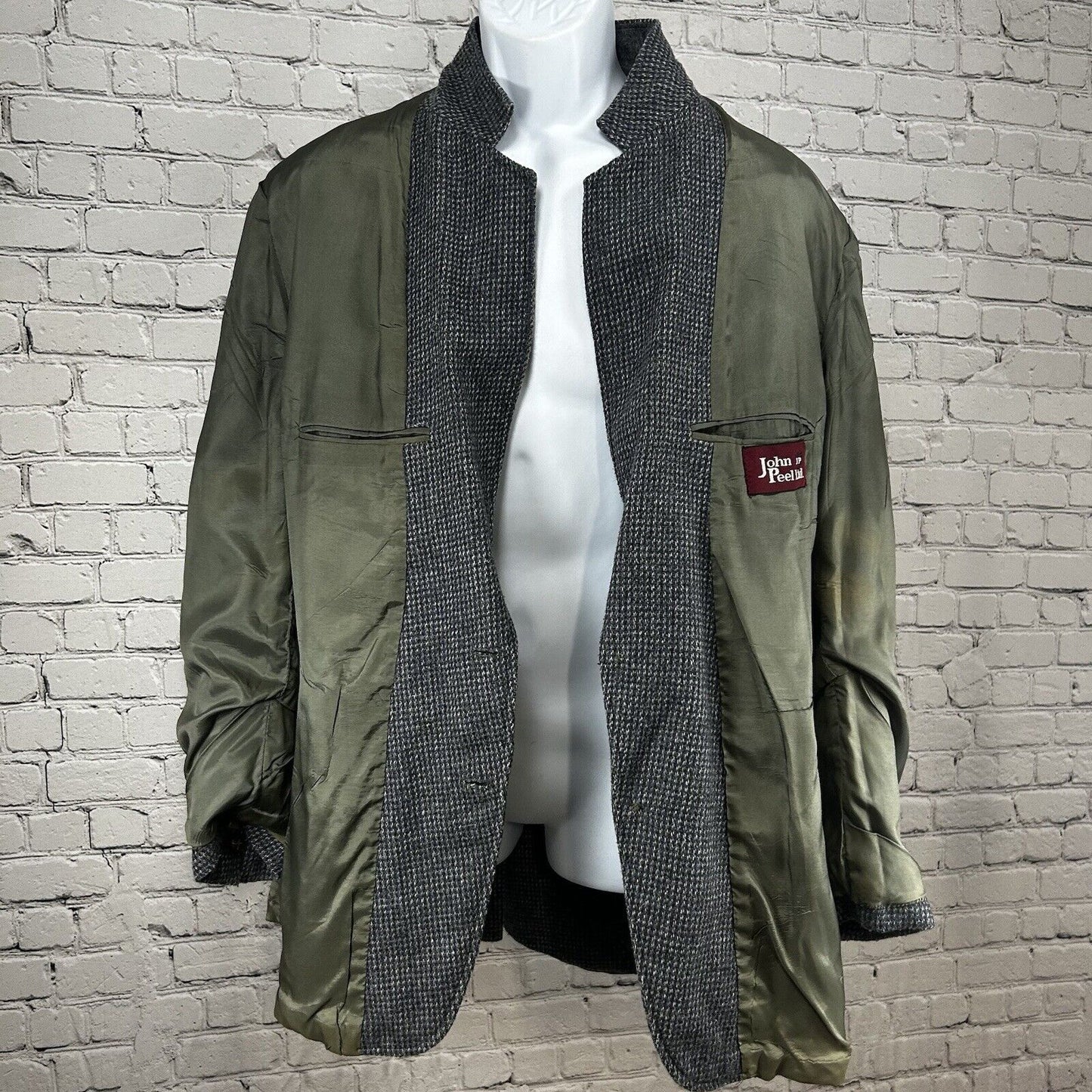 VTG John Peel Ltd Gray Blue Shepherds Check Elbow Patch Sport Coat Size 44