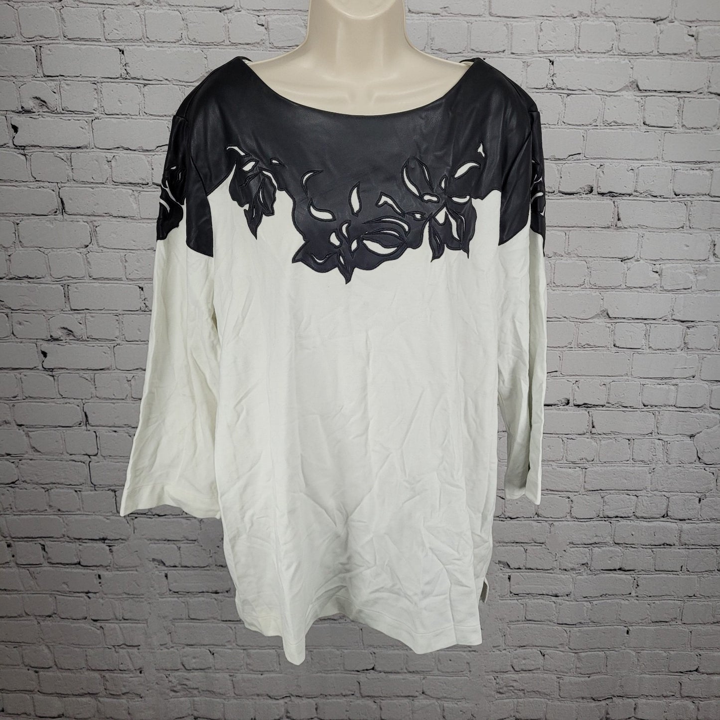 Chico's Black White Faux Leather Accent Stretch 3/4 Sleeve Top 4 US XXL