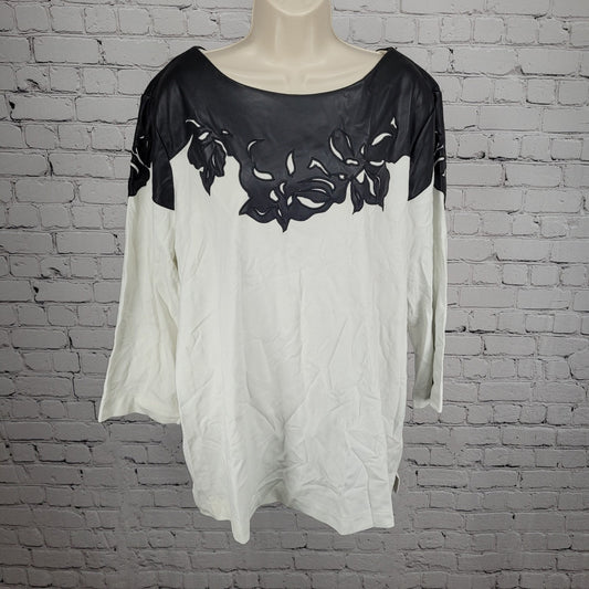 Chico's Black White Faux Leather Accent Stretch 3/4 Sleeve Top 4 US XXL