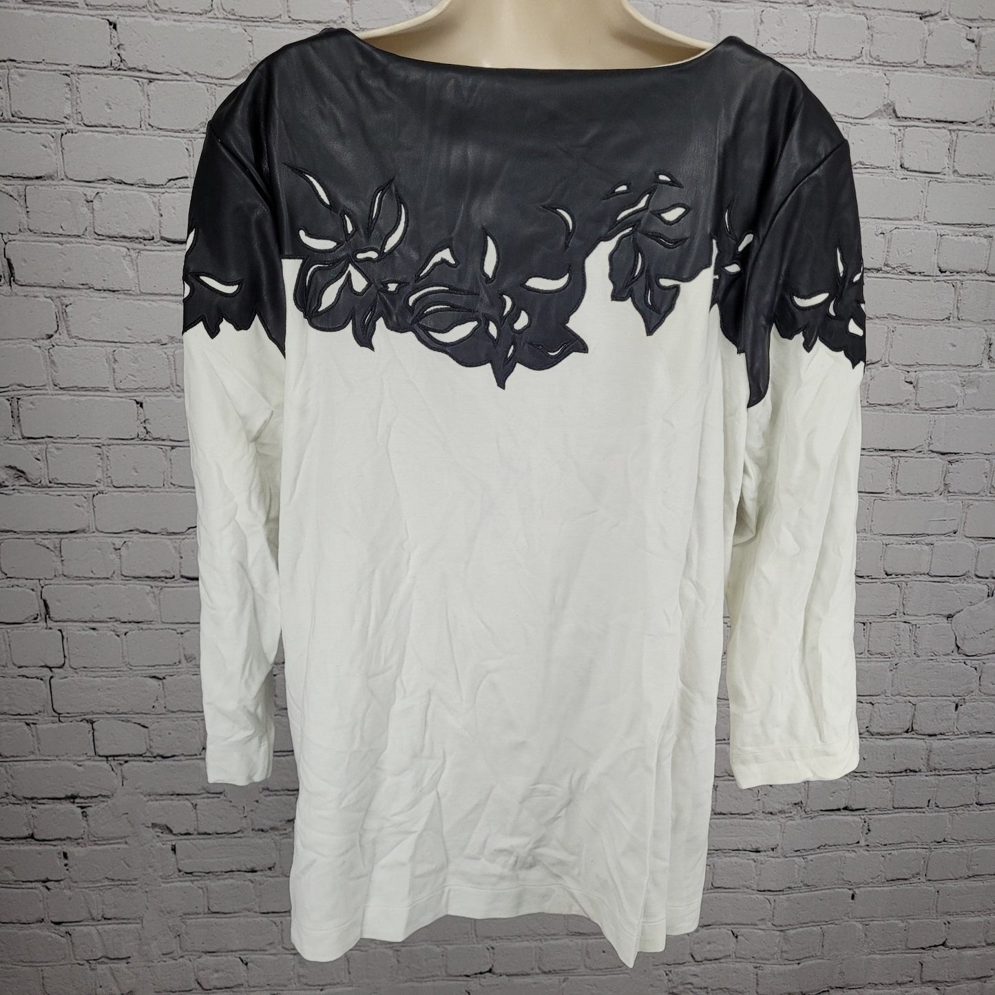 Chico's Black White Faux Leather Accent Stretch 3/4 Sleeve Top 4 US XXL