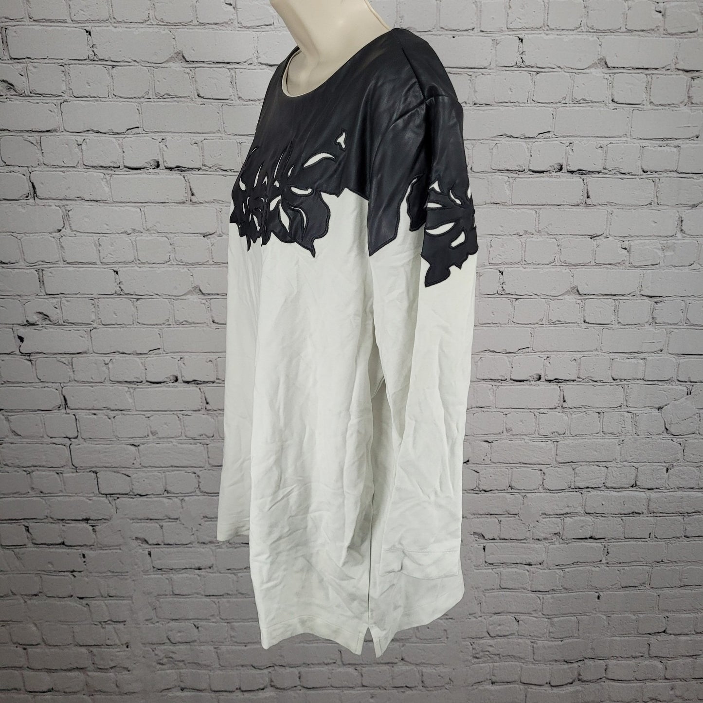 Chico's Black White Faux Leather Accent Stretch 3/4 Sleeve Top 4 US XXL