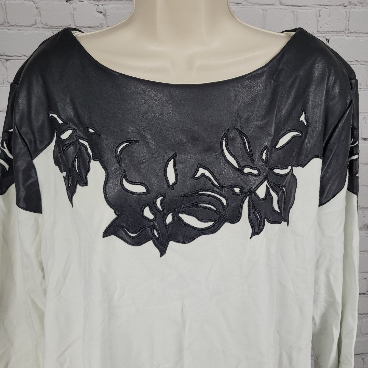 Chico's Black White Faux Leather Accent Stretch 3/4 Sleeve Top 4 US XXL
