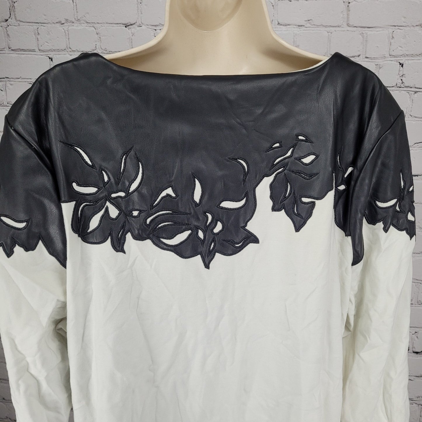 Chico's Black White Faux Leather Accent Stretch 3/4 Sleeve Top 4 US XXL