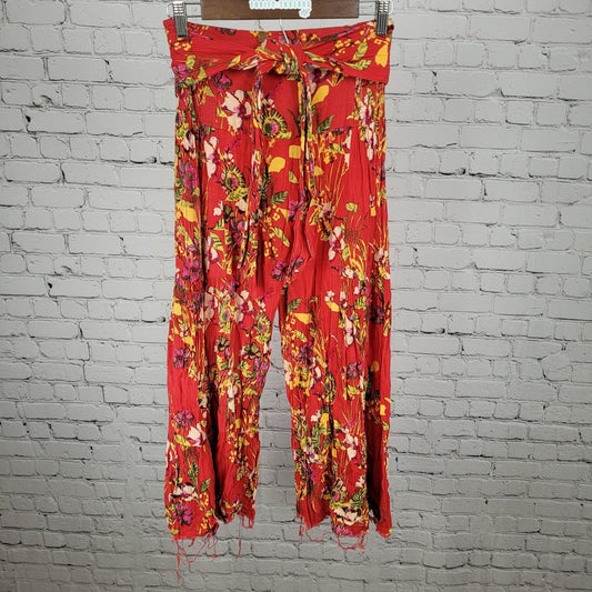 FP One Free People Red Floral Waist Tie Crop Palazzo Pants Size Medium M (26x22)