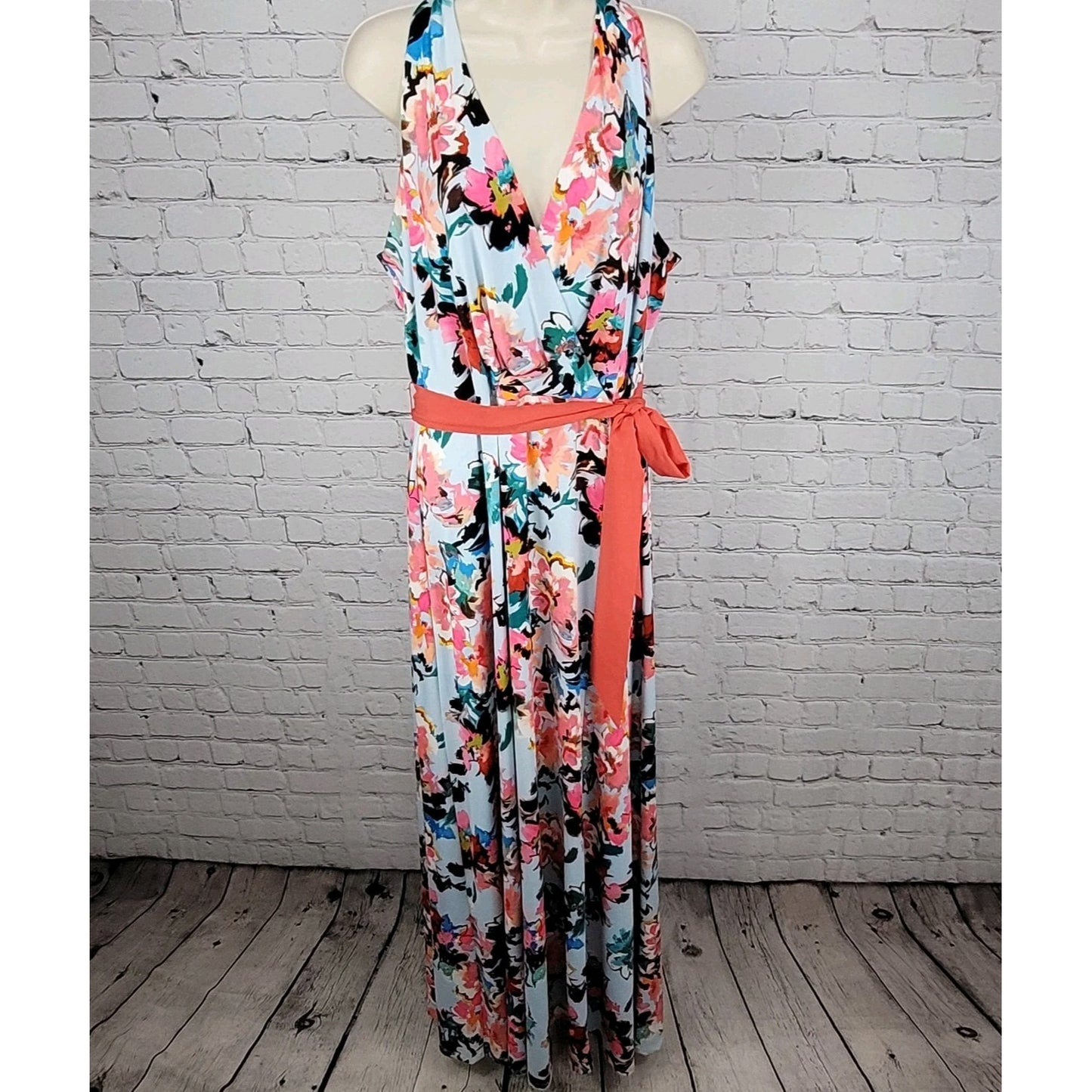 Leslie Fay Multicolor Floral Belted Sleeveless Stretch Maxi Dress Size 14