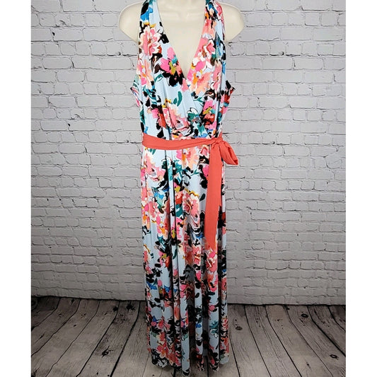 Leslie Fay Multicolor Floral Belted Sleeveless Stretch Maxi Dress Size 14