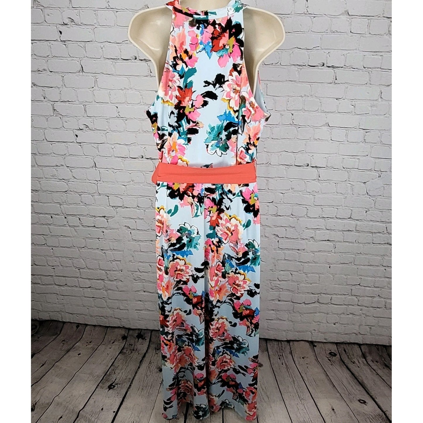 Leslie Fay Multicolor Floral Belted Sleeveless Stretch Maxi Dress Size 14