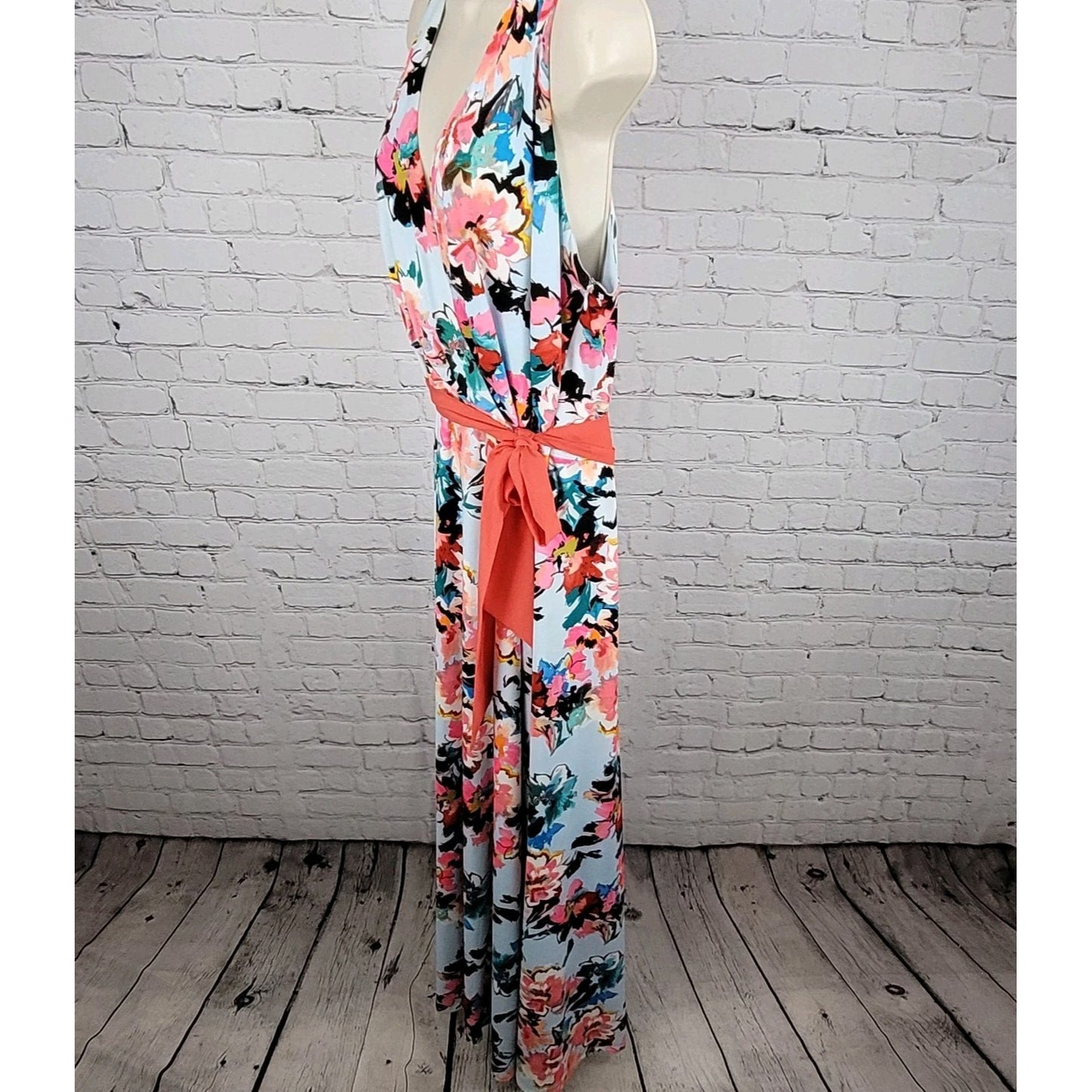 Leslie Fay Multicolor Floral Belted Sleeveless Stretch Maxi Dress Size 14