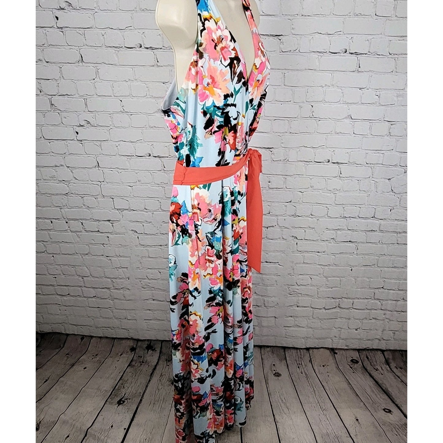 Leslie Fay Multicolor Floral Belted Sleeveless Stretch Maxi Dress Size 14
