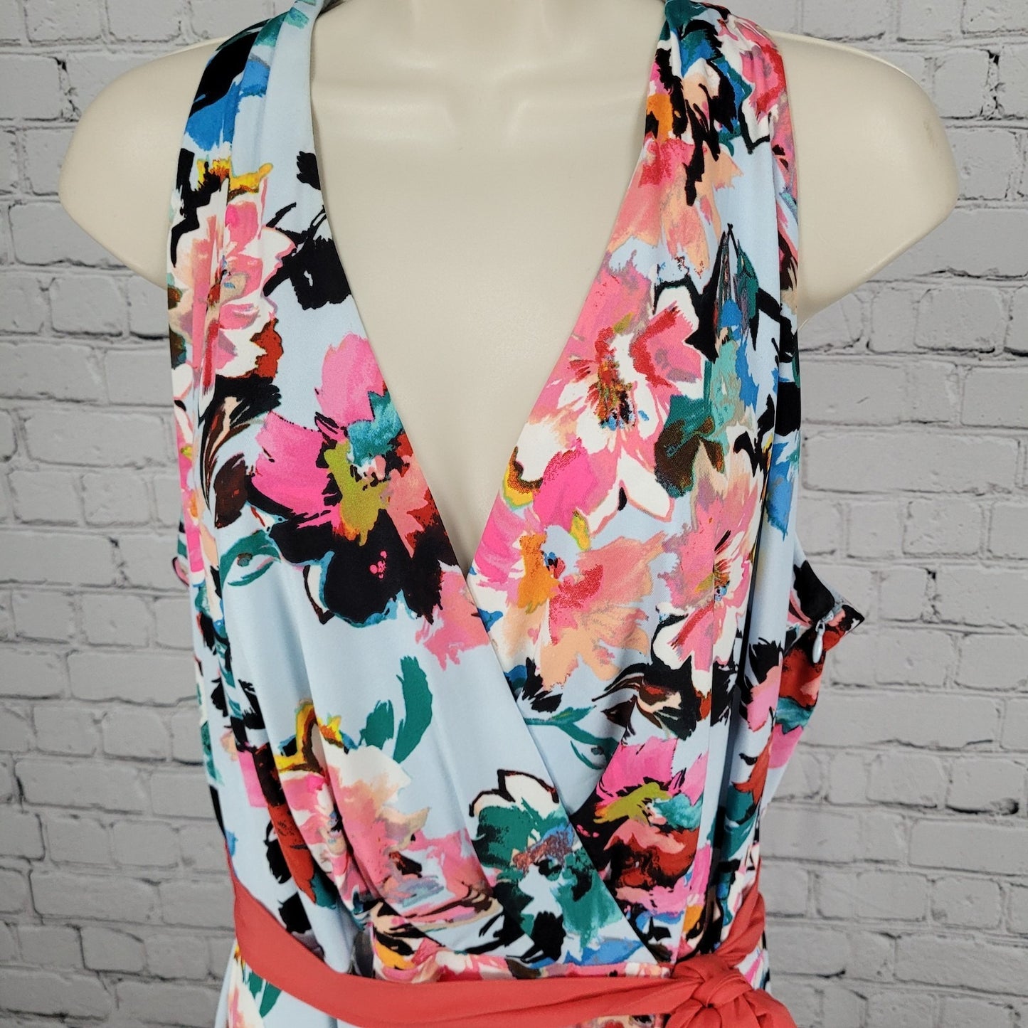 Leslie Fay Multicolor Floral Belted Sleeveless Stretch Maxi Dress Size 14
