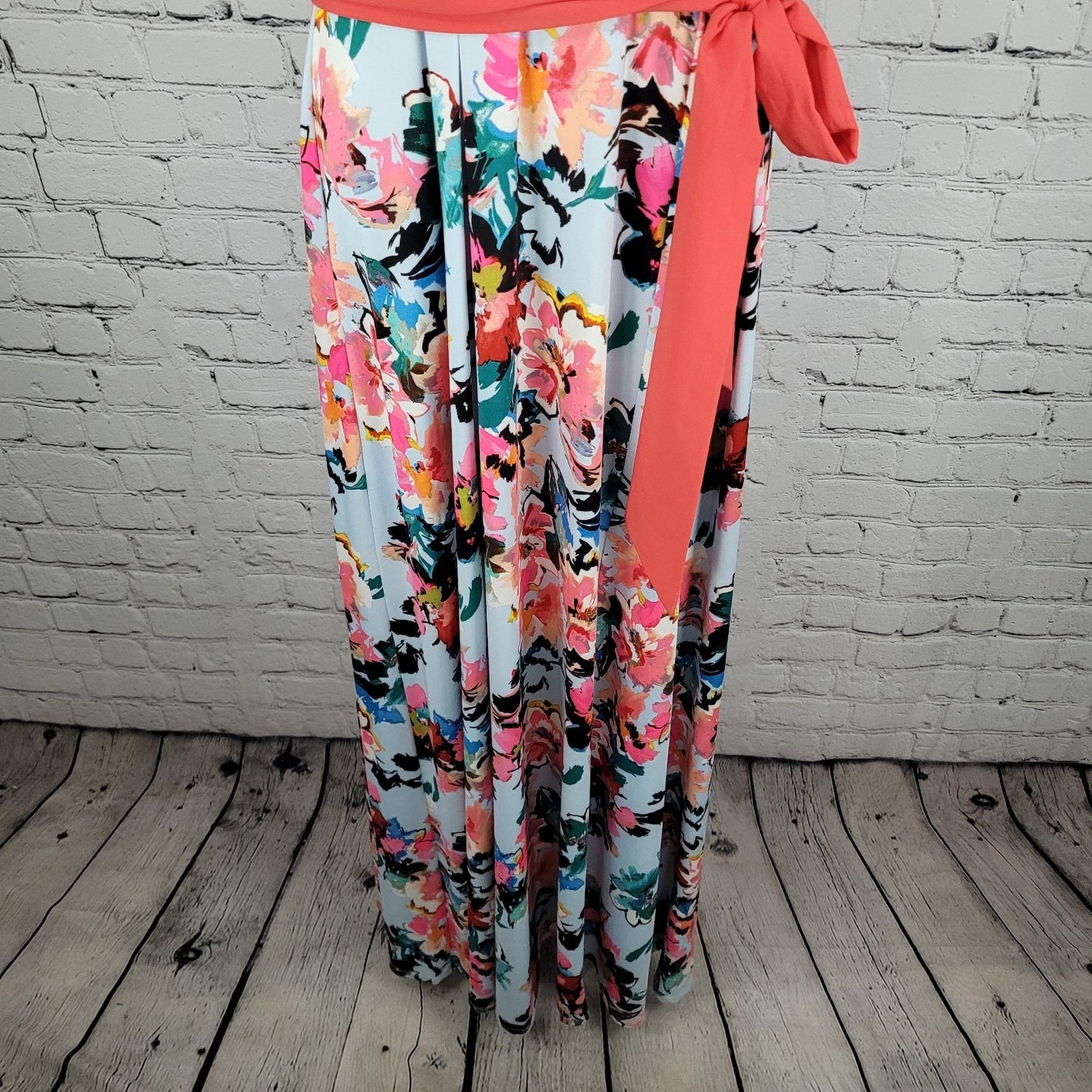 Leslie Fay Multicolor Floral Belted Sleeveless Stretch Maxi Dress Size 14